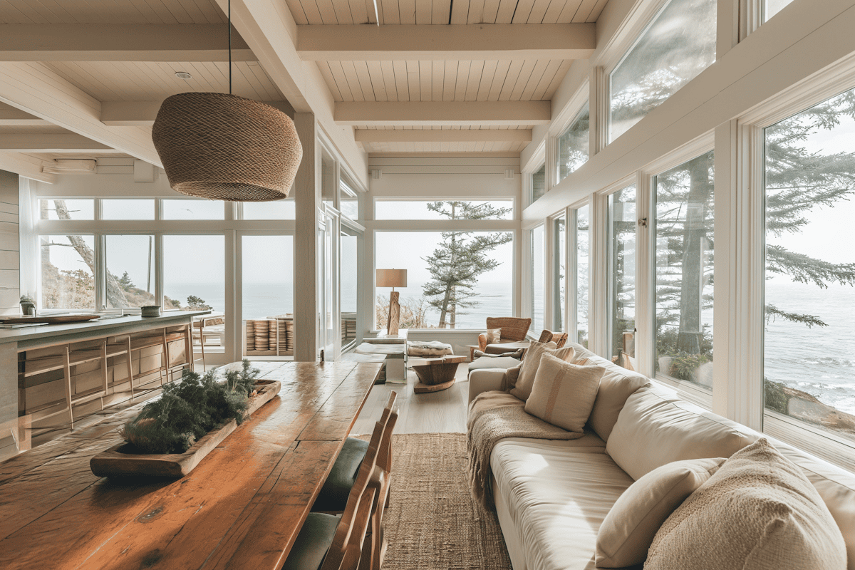 Modern coastal living room with a linen sofa, rattan pendant, and wide water views