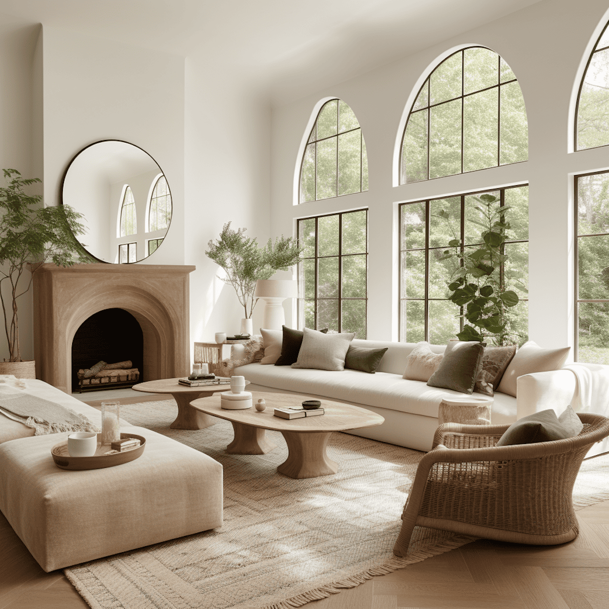 Modern organic living room with a leather sofa, round wood coffee table, and black ceramic lamp