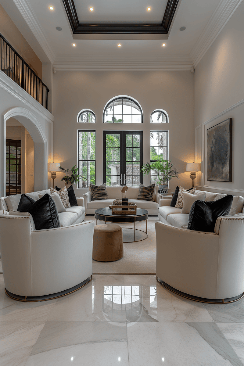 Transitional living room with white sofas, coffered ceiling, and a classic framed painting