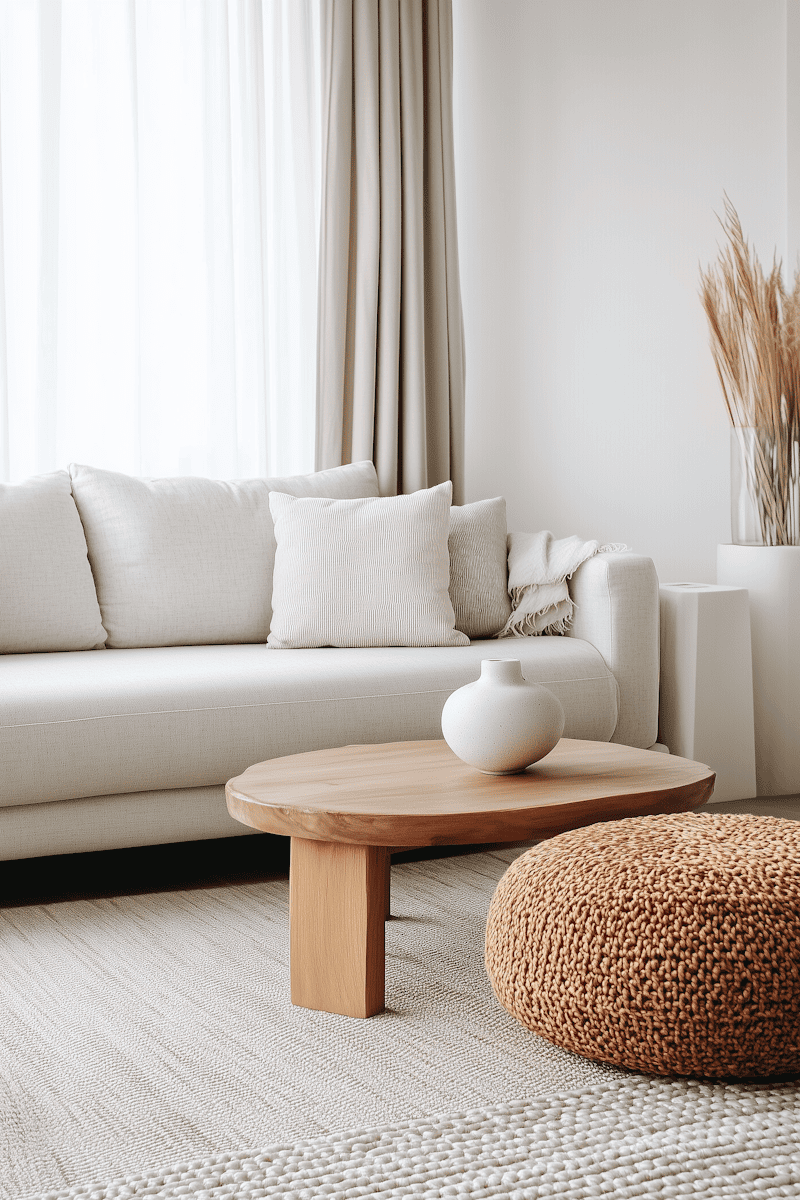 Warm minimal living room in soft neutrals with light oak and natural textures